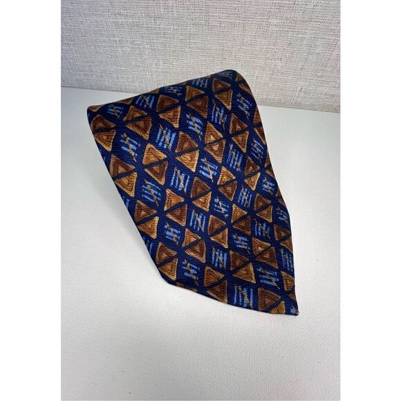 Alafani Blue and Gold Triangle Patterned 100% Silk Professional Tie - Picture 1 of 5
